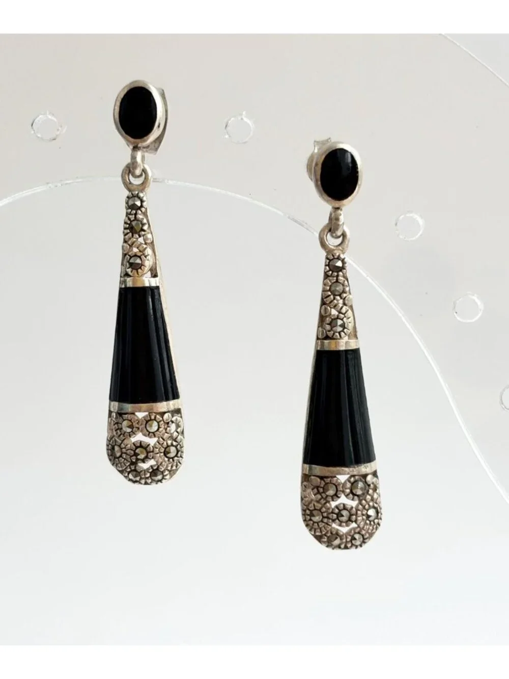 Art Deco Black Onyx & marcasite Teardrop Vintage Sterling Silver 925 Earrings